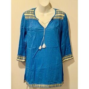 J. McLaughlin Popover Tunic Top Blue Yellow Embroidered 100% Cotton Size XS EUC!